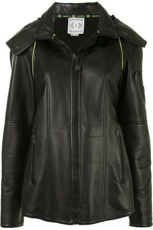 Chanel Lederjacke Schwarz Neongelbe Streifen