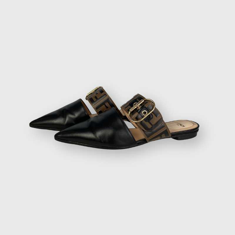 Fendi FF Monogram Leder Mules · Braun/Schwarz